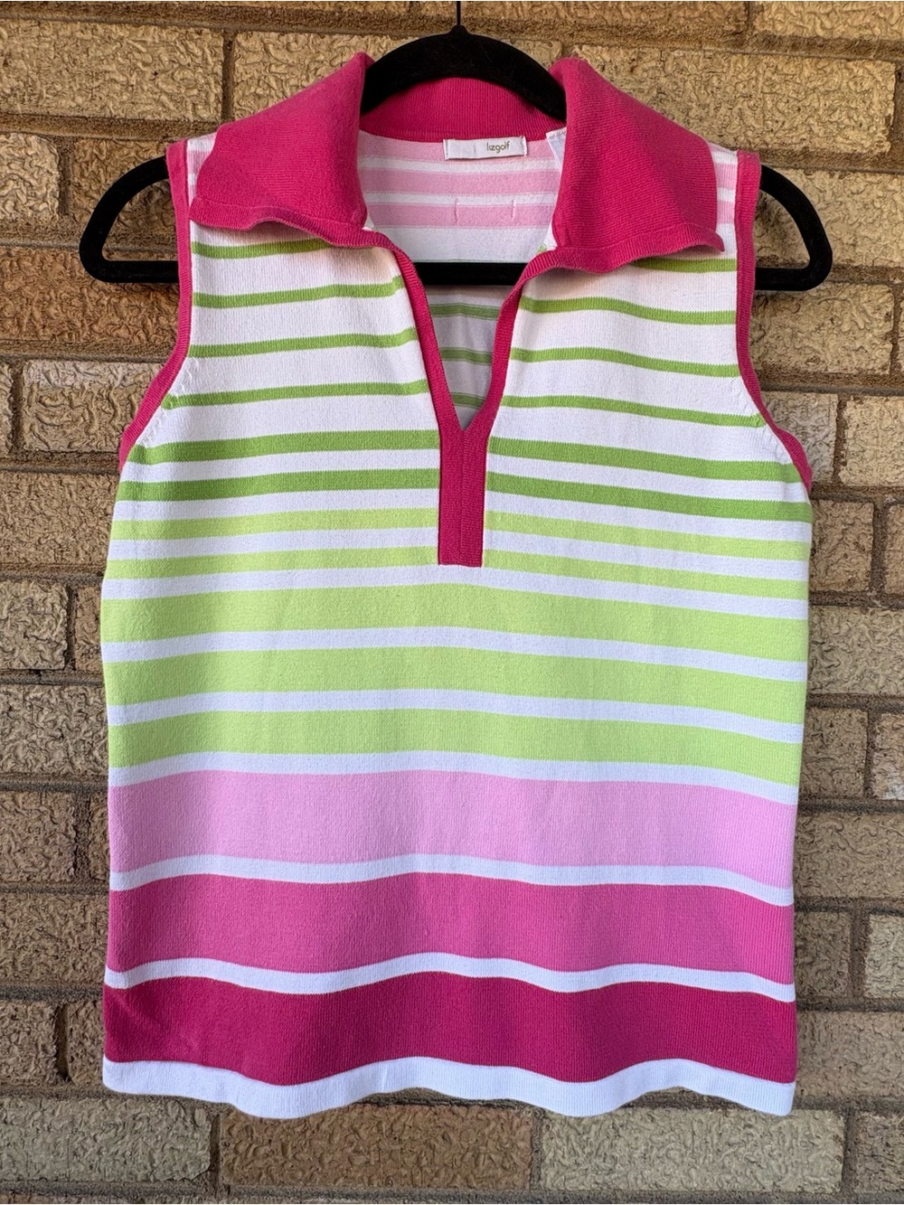 Sleeveless Liz Golf Pink and Green Striped Polo Tank Top